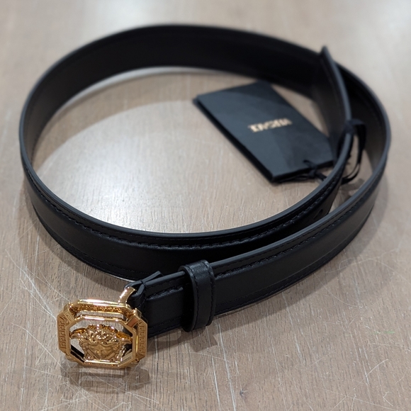 $595 Mens VERSACE La Medusa Leather Belt Black/Gold 85 US 33